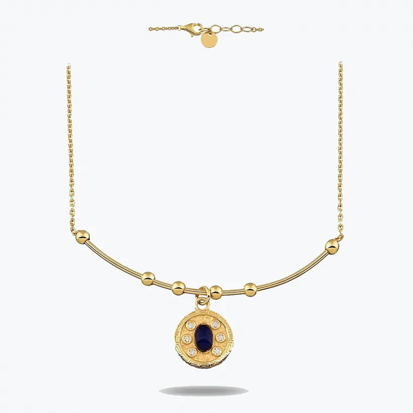 Oval Lacivert Taşlı Madalyon Uç Tel Kolye Oval Lacivert Taşlı Madalyon Uç Tel Kolye
